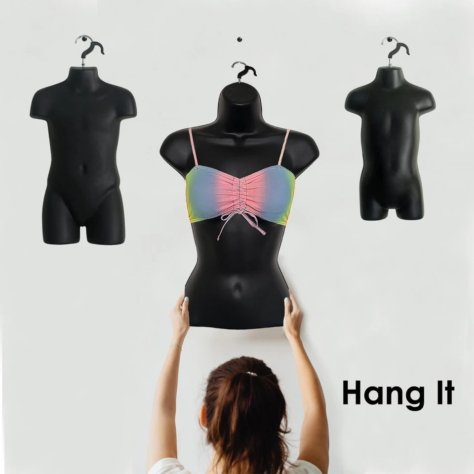 2 Sets of Black Child Torso Hollow Back Body Stackable Dress Form with Hangin... - Image 3 of 4
