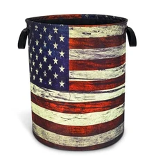 Retro American Flag Laundry Basket Patriotic Foldable Oxford Cloth Funny Tote...