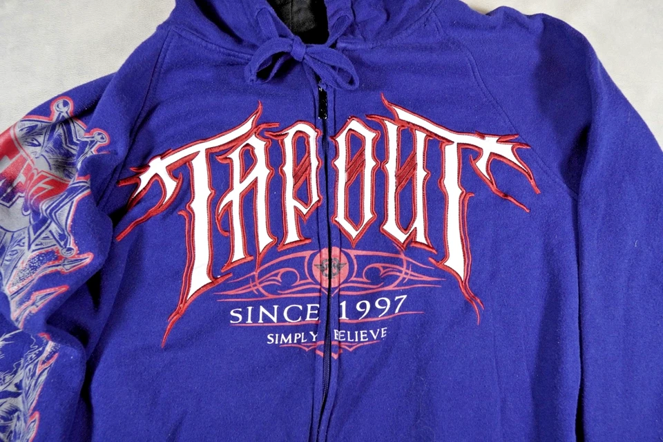 Толстовка с капюшоном Y2K Tapout графическая синяя XL флисовая на молнии гранж вышитый логотип - Изображение 2 из 4