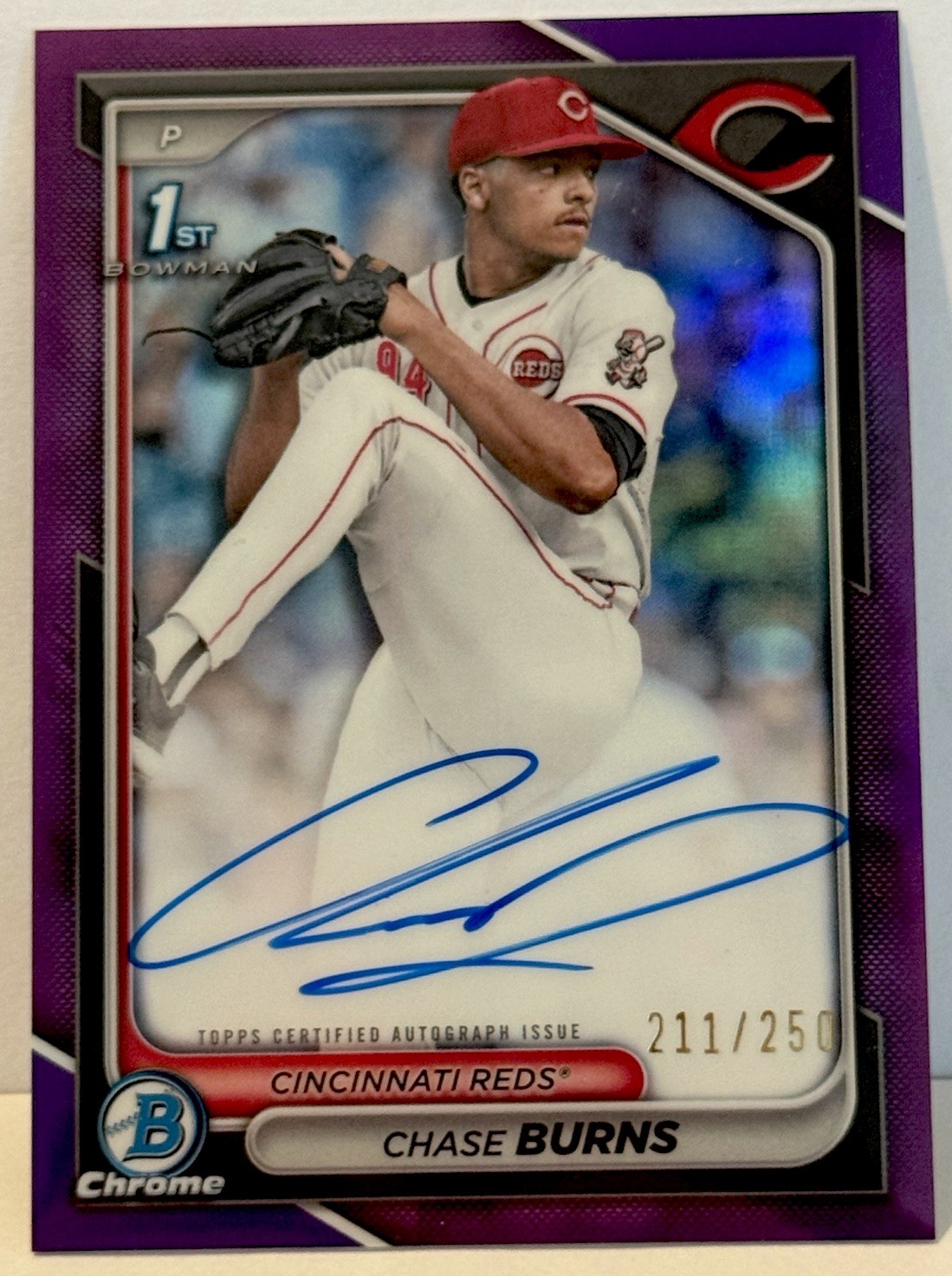 CHASE BURNS 2024 BOWMAN CHROME DRAFT 1ST PURPLE REFRACTOR AUTO #/250