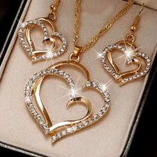 Womens Elegant Necklace Earrings Set Cubic Zirconia Love Heart Pendant Jewelry