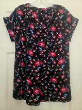Talbots Top Womens Large  Shirt Blouse Short Sleeve Floral Black Red Work Casual