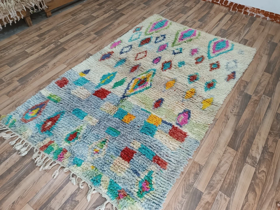 Шерстяной современный небольшой ковер ручной работы из шерстяной смеси бежевый, синий, желтый многофункциональный - Изображение 2 из 4