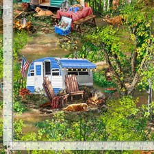 Travel Fabric Forest Camping RV Picnic Scene Green Timeless Treasures YARD