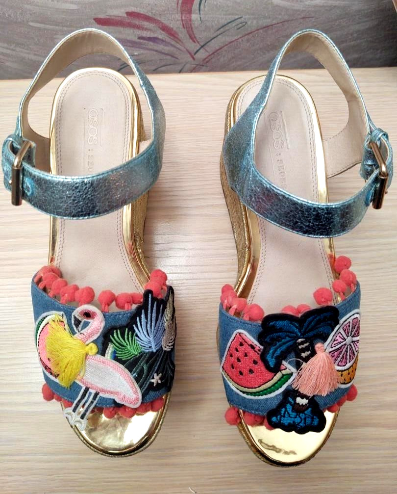 Asos Multicolor Open Toe High Platform Wedge Espa… - image 5