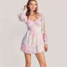 New with tags LOVESHACKFANCY Alela long sleeve lace Tie dye mini dress pastel 6