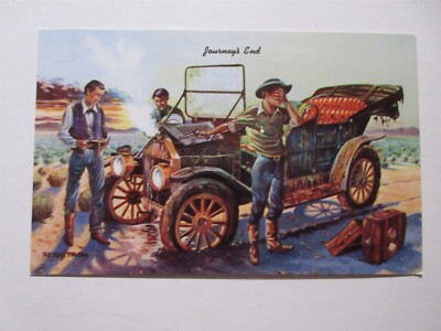 Journey's End, Ernest Reedstrom, Cowboys, Broken Down Car, Vintage Postcard