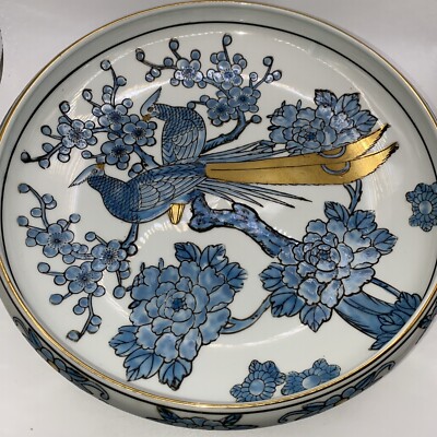 Vtg Gold Imari Handpainted Porcelain 22k Blue & White Bowl Floral