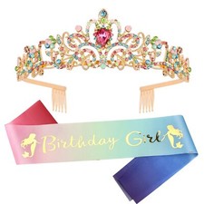 Birthday Girl Crown and Sash Set Princess Tiara Metal Happy Birthday Accessories