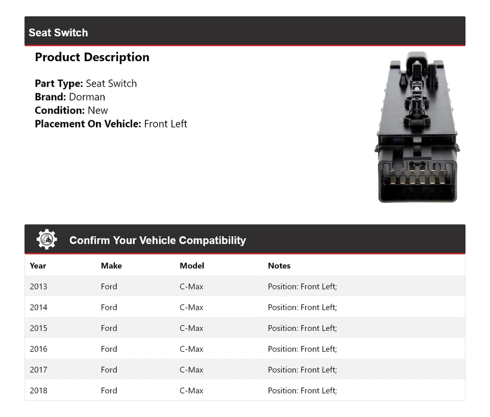 Interruptor de asiento delantero izquierdo para Ford C-Max Dorman 2013-2018 2014 2015 2016 2017 Foto 2 de 4