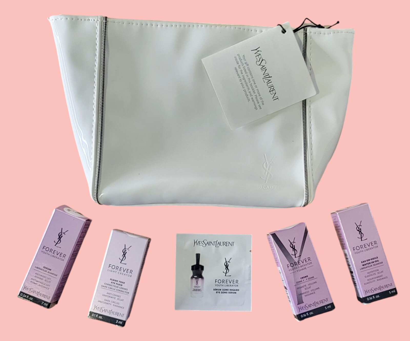 YSL 5 articoli campione e borsa cosmetica Yves Saint Laurent I Want It bianca nuova con etichetta