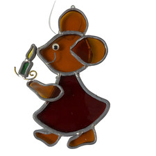 Stained Glass Bedtime Mouse Candlestick Suncatcher Ornament Handmade 1970s
