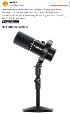 maono PD200W Wireless Dynamic Microphone USB-C RGB Lights Desktop Stand Black