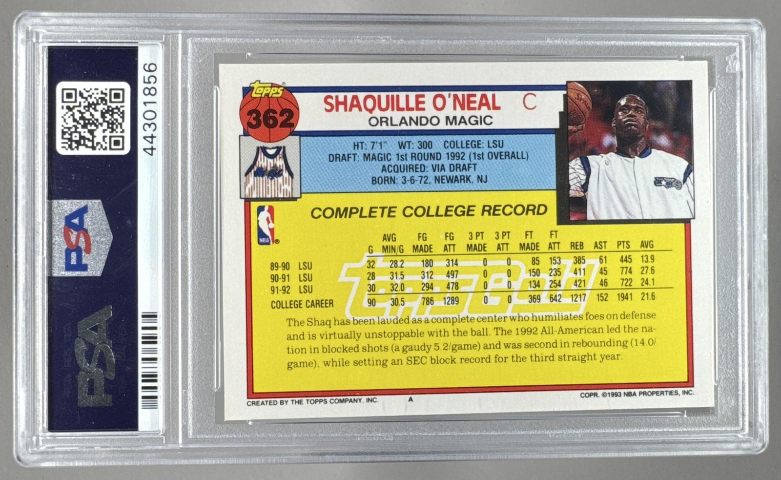 44301856 Shaquille O'Neal 1992 Topps #362 Rookie RC PSA 10 view 2