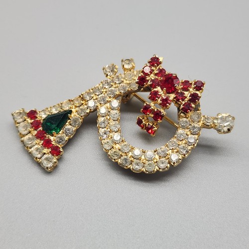 Vintage Weihnachten Strass Brosche Waldhorn Krappe rote Schleife baumelt goldfarben Anstecknadel - Bild 2 von 7