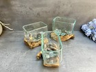 Square Molten Glass Bowl on Root Wood Base Stand Ornament Vase Trinket Small