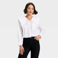 Women's Long Sleeve Relaxed V-Neck Tie-Front Blouse - Future Collective White M