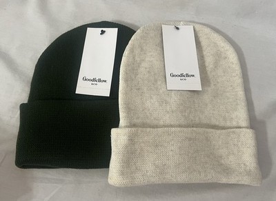 Two (2) Toboggan Beanie Hat Skull Caps, Goodfellow & Co, Green & Off White