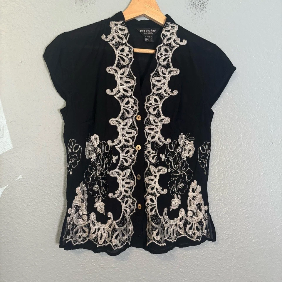 Citron Black Bamboo Button Up Blouse with White Embroidery XS Petite Boho Coast - Image 4 of 4