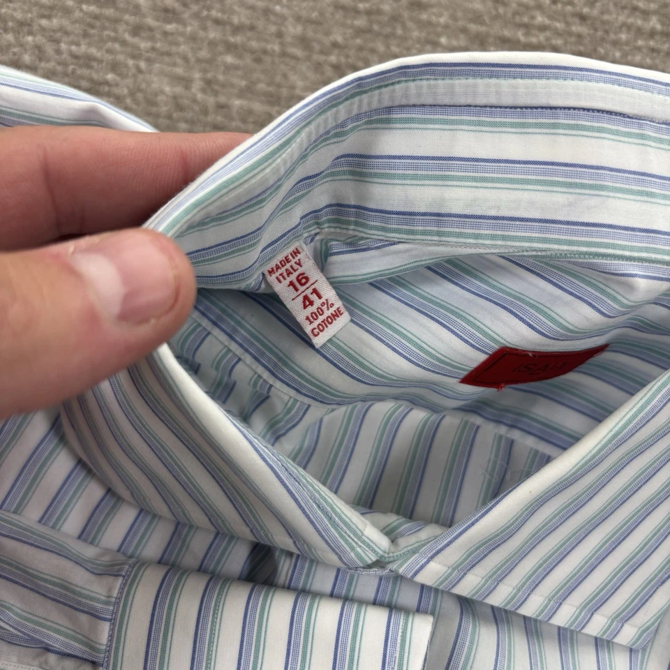 Camisa Isaia azul/verde a rayas de algodón con botones para hombre talla 16/41 usada en excelente estado Foto 2 de 4