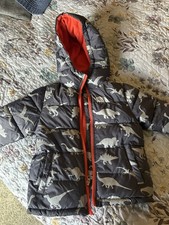Wonder Nation Boys 3T Dinosaur Print Puffer Jacket Hooded Gray Orange Fleece