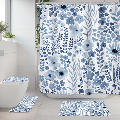 Marineblau Blumen 4 Stck. Badezimmer Duschvorhang Sets Rustikal Wildblumen Blätter B... - Bild 1 von 7