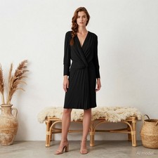 Evening Cocktail Knee Length Dress Black Jersey Wrap V-Neck Sleeve L