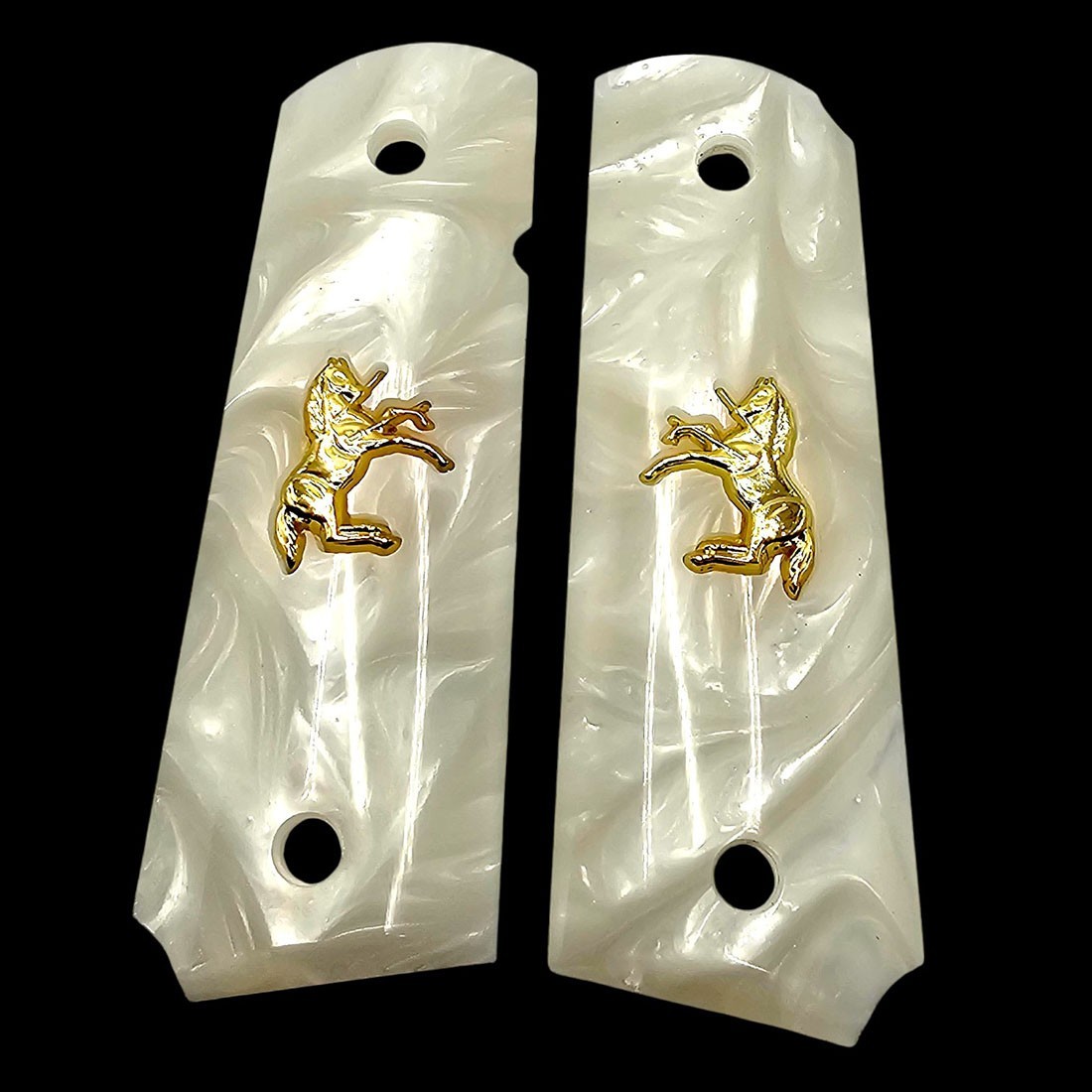 Colt 1911 Grips White Pearl 24K Gold Plated Horse Emblem Commander