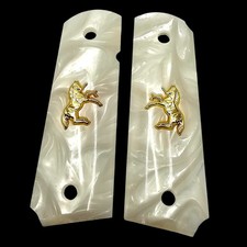 Colt 1911 Grips White Pearl 24K Gold Plated Horse Emblem Commander Full Size