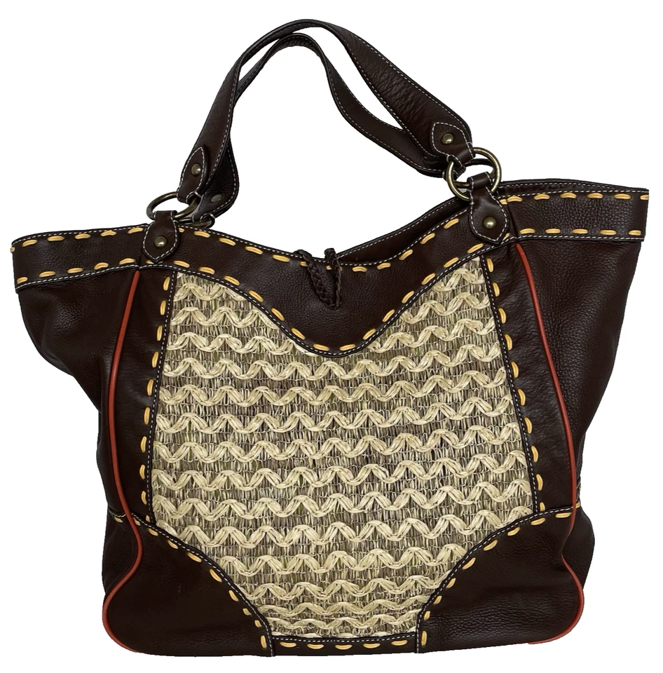 Bolso de Mano Kate Landry Cartera Cuero de Vaca Tejido de Paja Latón Hardware Bolsillos Floral Foto 2 de 4