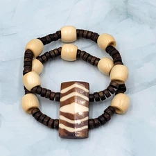 Boho Tribal Wood Bead Bracelet Elastic Stretch Double Strand 7"
