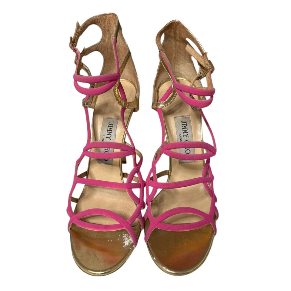 Jimmy Choo Gladiador Gamuza Tirantes Tacones de Aguja IT36 Dorado Rosa Hecho en Italia Foto 4 de 4