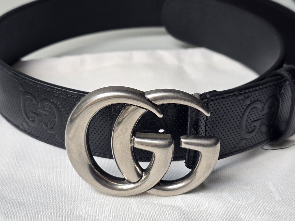 Gucci Men's Belt 75 30 Marmont Silver Buckle Black GG Leather Logo