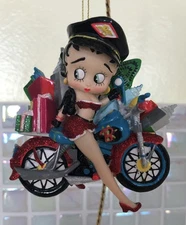 Betty Boop on Red Blue Motorcycle In City w Gifts • Hanging Christmas Ornament