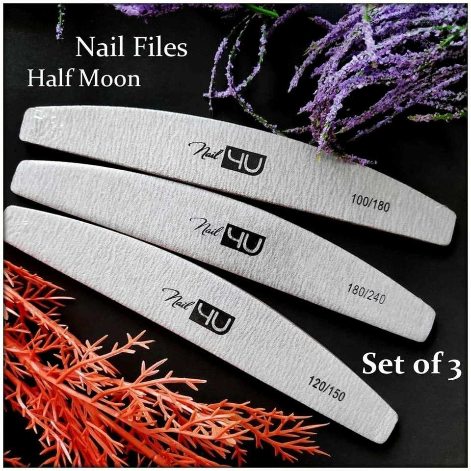 3 x Half Moon Nail Files Nail4U Professional Curved ZEBRA Acrylic Gel Tips Set