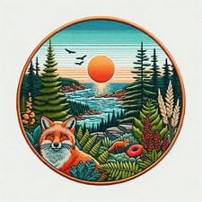 Explore Nature Patch Iron-on Applique Red Fox Trees River Flower Animal Badge