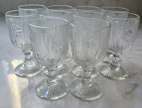 10 Vintage Jeanette Iris & Herringbone Clear Cordial Glasses - Excellent