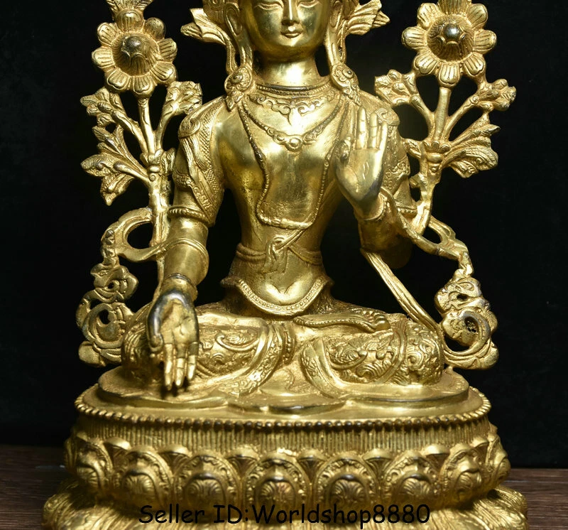 15.2" Antiguo Budismo Tíbet Cobre Dorado 7 Ojos Blanco Tara Diosa Loto Escultura Foto 3 de 4