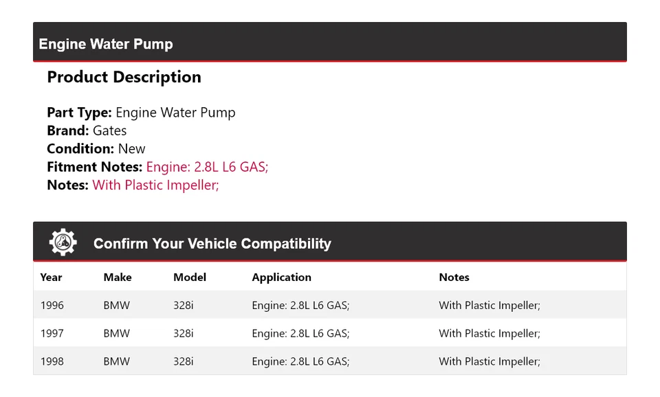 Para BMW 328i 1996-1998 2,8 L L6 Motor Gas Bomba Agua Puertas 1997 Foto 2 de 4