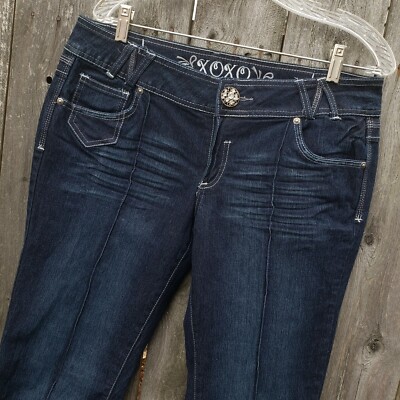 XOXO Womens Jrs Jean Sze 13/14 Blue Rhinestone Embellished Buttons