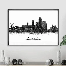 Amsterdam Skyline Black and White Art Print - Skyline Watercolour Print
