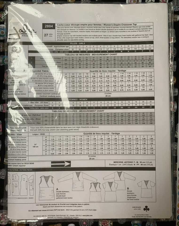 Jalie 2804 sewing pattern. Empire Crossover Top Girls Sz 2-13 ~Misses’ Sz 4-22 - Image 2 of 2