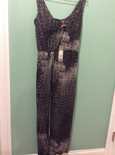 Halston Heritage Linen Black Organic Dots Print Maxi Dress Front Slits Size S