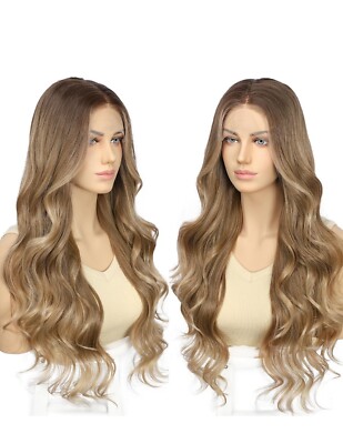 Natural Brown With Light BLONDE HIGHLIGHTS  Wig HD Front Lace Human Hair Blend 