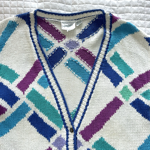 80s Cable Knit Geometric Cardigan Sweater Cotton Button Up Retro Colorful VTG M - Picture 3 of 11