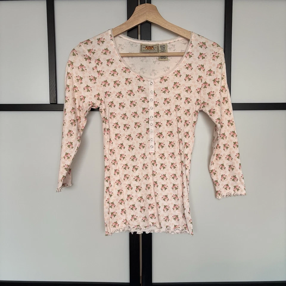 Y2K Route 66 Henley Top Baby Tee Womens XS Floral Pink Preppy Soft Girl Cottage - Image 2 of 4