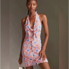 ANTHROPOLOGIE x MAEVE Halter Slim Mini Dress Tile Orange Blue Sz XS NWT {3Z5}