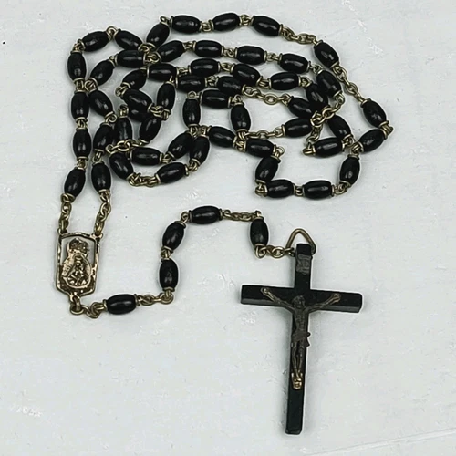 Vintage Rosary Black Beads and Cross Made in Italy INRI 18 Inch - Picture 1 of 13