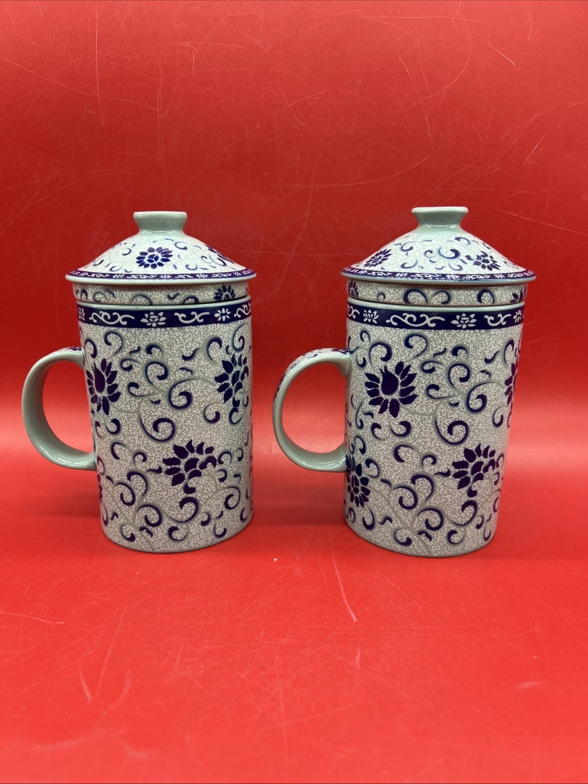 World Market Blue Floral Ceramic Tea Mug Infuser Loose Leaf & Lid Set Of 2 READ