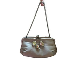 NWT Inge Christopher Clutch Taupe Swarovski Crystals Pink Lining Silver Hardware